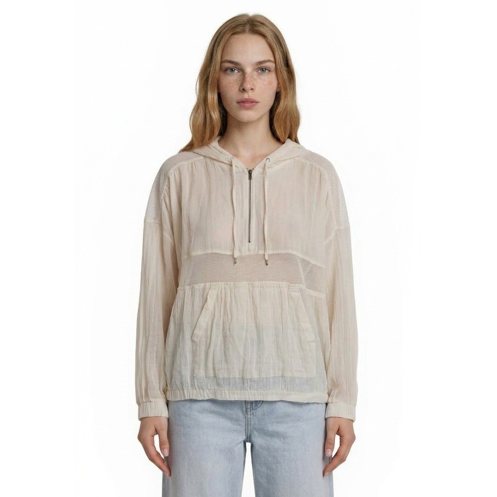 Silence + Noise Anthropologie Jacket Womens Size Medium Cream Sheer Mesh 1/2 Zip